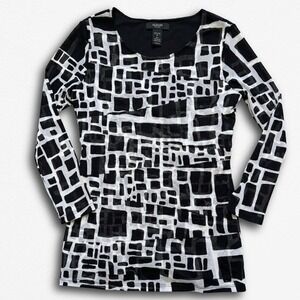 Alfani Petite Womens Black White Geometric Mesh Long Sleeve Top PP Small